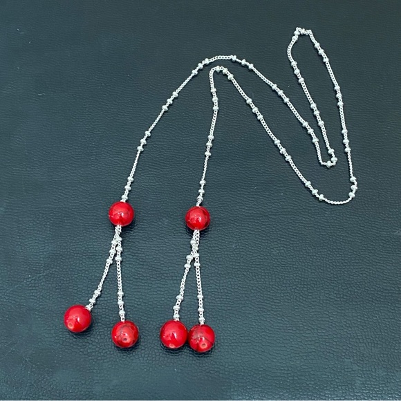 Silver-tone Chain with Red Beads Lariat 24-Inch Necklace 14.2g - Picture 6 of 14